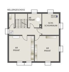 Alagsori alaprajz síkanapéval, privát tárolókkal és lépcsővel egy családi vendégházban Salzburg Lungau-ban.