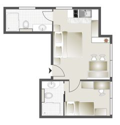 Grundriss eines Familienzimmers mit zwei Betten, Küche und Badezimmer in Mauterndorf, Salzburg.