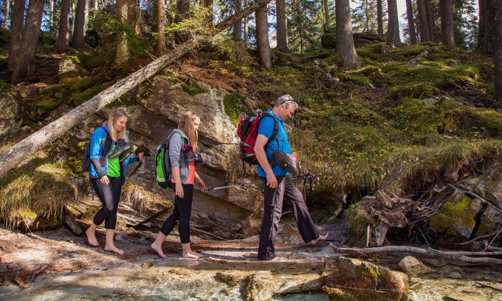 Familie wandert barfuß im Wald, Rucksäcke, schattige Bäume, felsiger Pfad, Outdoor-Abenteuer.