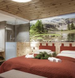 Gemütliches Zimmer in Familienpension mit Holzelementen, Bergwandbild, Doppelbett, Bad im Salzburger Lungau.